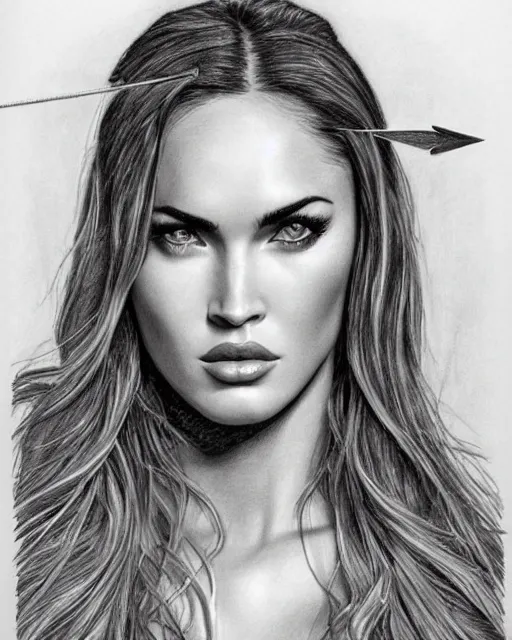 Image similar to pencil drawing of beautiful megan fox as greek goddess aphrodite, archer, arrow on the head, beautiful piercing eyes, flowing blonde hair, realistic face, hyper realistic, in the style of greg rutkowski, fantasy, amazing detail, epic, intricate, elegant, smooth, sharp focus
