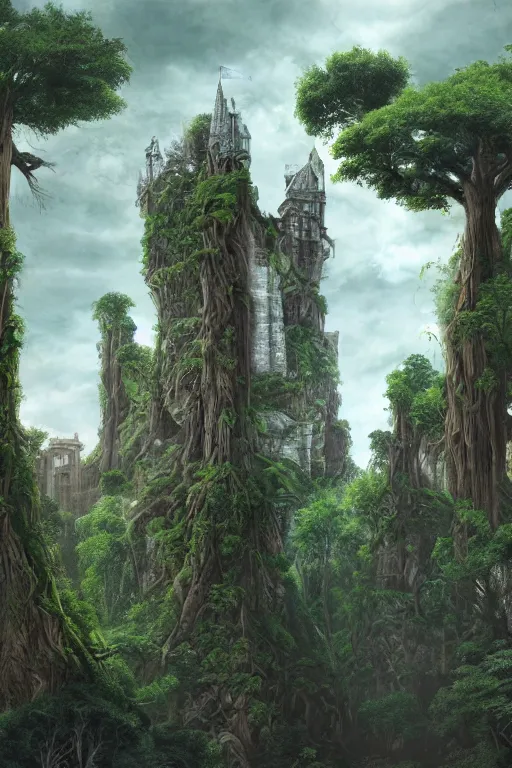 Prompt: gigantic castle, adorned pillars, towers, gnarly trees, lush vegetation, forrest, landscape, alex ross, neal Adams, david finch, concept art, matte painting, highly detailed, rule of thirds, dynamic lighting, cinematic, detailed, denoised, centerd