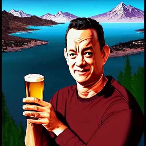 Image similar to Tom hanks at the top of a mountain, scenic view, holding a beer!!, digital art, gta 5 cover art, trending on artstation