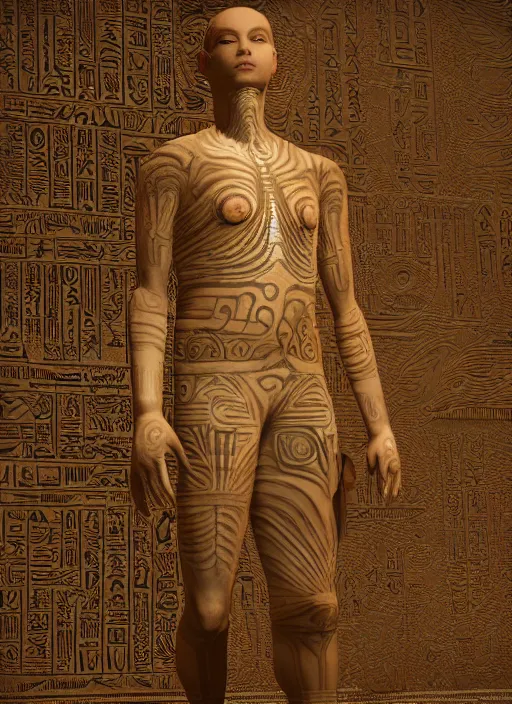 Image similar to : human with hieroglyphic pattern skin all over hyper detailed dalle2 3d render unity gigapixel unrealengine octane