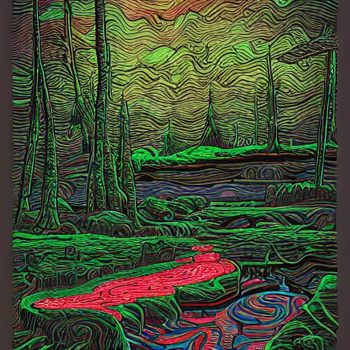 Image similar to thegodric forest settee monolithic monuments by dan mumford and tom thomson, 8 k resolution digital art. lot of neons. trending on artstation. psychedelic luminus rapids vault biscuit