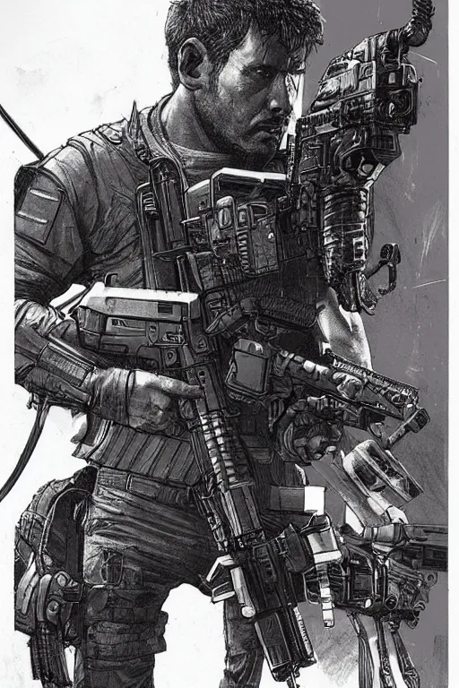 Image similar to Hector. confident blackops mercenary in tactical gear and cyberpunk headset. Blade Runner 2049. concept art by James Gurney and Mœbius.
