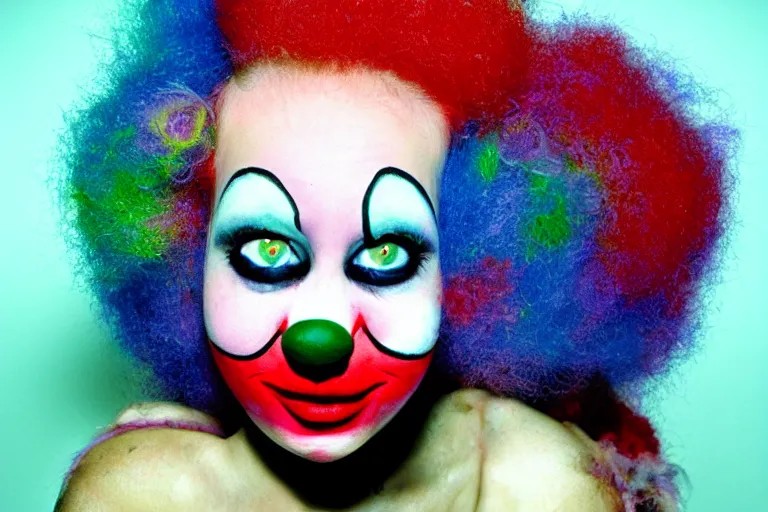 Image similar to cute clowngirl in clowncore cyberspace, fractal, in 2 0 5 5, y 2 k cutecore clowncore, low - light photography, bathed in the glow of a crt monitor, terry richardson photoshoot