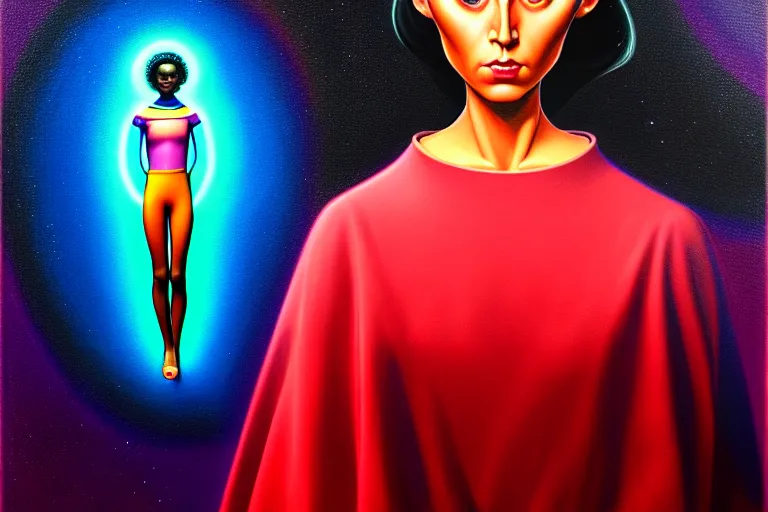 Image similar to patron saint of 🛸🌈👩🏾, futuristic clothing, neon god of city character portrait, in the style of margaret keane, moebius, tom bagshaw, and waterhouse, cinematic lighting, beautiful, elegant, oil painting,