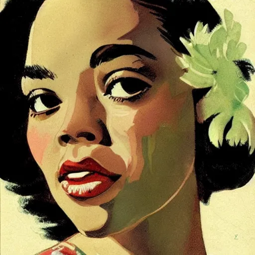 Image similar to “Tessa Thompson portrait, color vintage magazine illustration 1950”