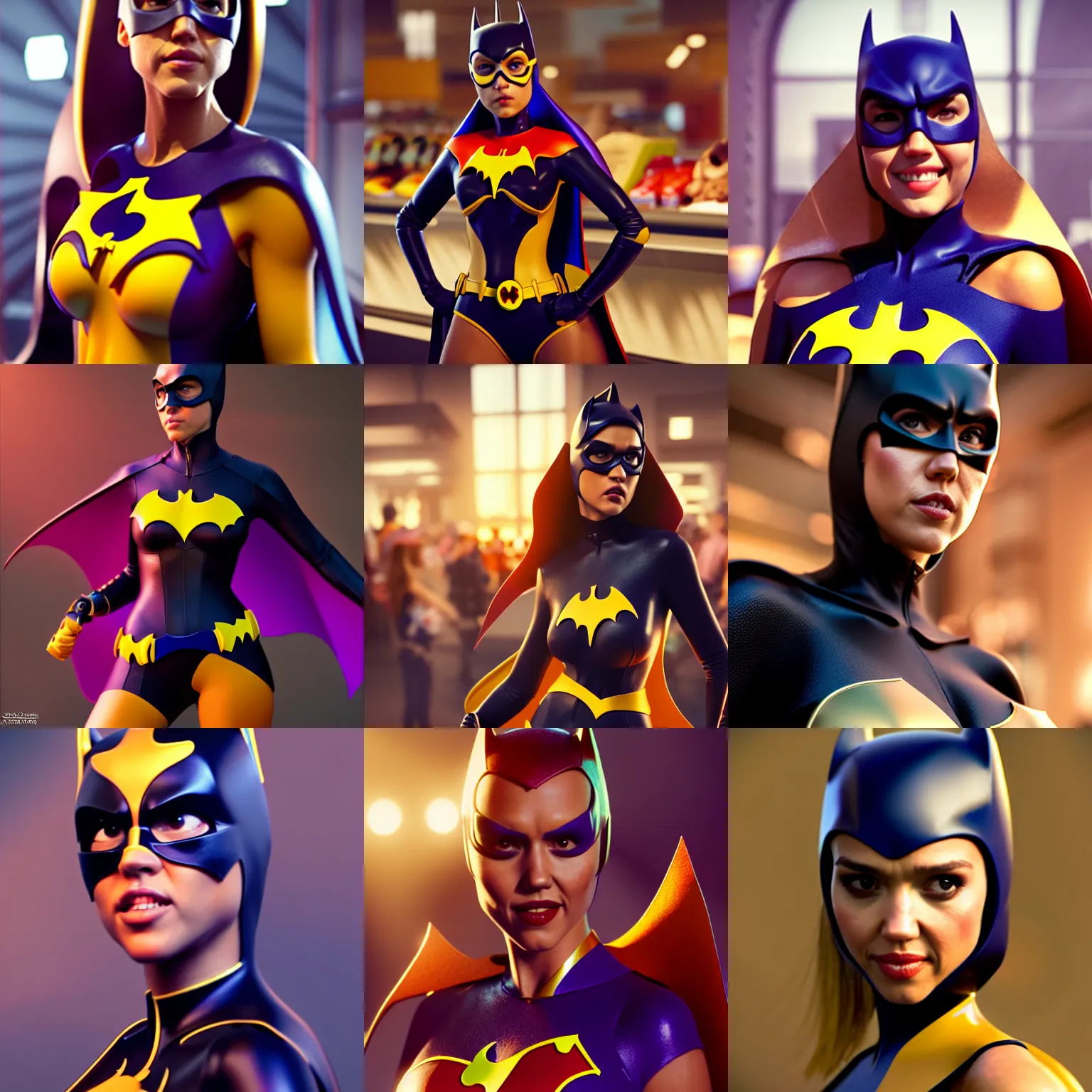 Prompt: jessica alba as batgirl standing in line in a crowded packed grocery store : : octane render, artstation, weta, pixar, disney, soft, decadent, lustrous, : : wlop