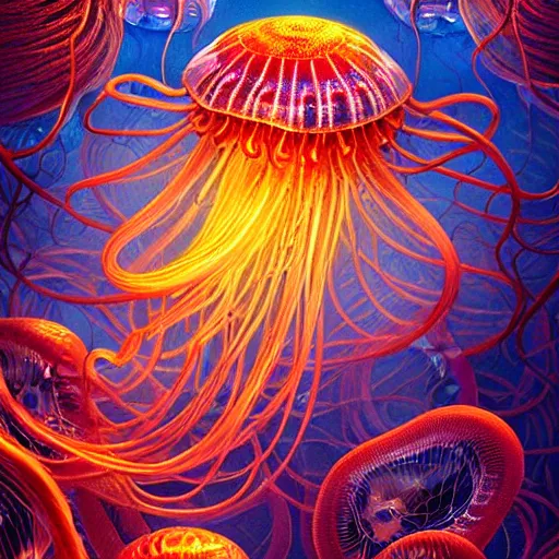 Image similar to a beautiful hyperrealistic ultradetailed 3d art of gigantic glowing complex multi-layered intricate jellyfish creatures with long flowing tendrils, by Justin Gerard and Laurie Greasley and Peter Mohrbacher and Dan Mumford, tarot card art, detailed shading, vray octane, redshift. micro details, dramatic lighting, volumetric lighting, 8k