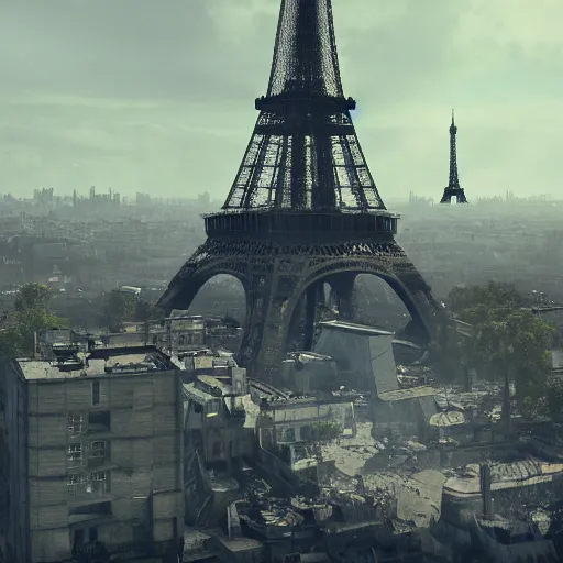 Prompt: post apocalyptic Paris with Eiffel tower, artstation, concept art, unreal engine, 8k, photorealistic