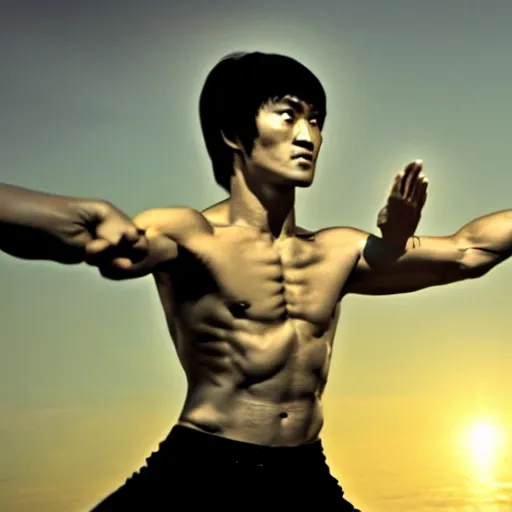 Image similar to Bruce Lee doing a kick on a rock while the sun rises in the background, HD, high resolution, cinematic, 4K