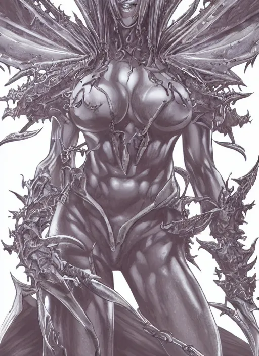 Prompt: a detailed full body portrait the queen of blades, diablo 4 lilith, mutation, by yusuke murata, by hiroya oku, trending on artstation
