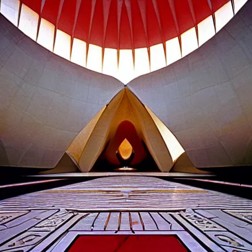 Image similar to interior of a futuristic lotus temple with gold, red and white marble panels, in the desert, by buckminster fuller and syd mead, intricate contemporary architecture, photo journalism, photography, cinematic, national geographic photoshoot