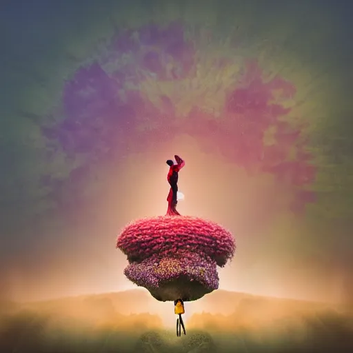 Image similar to A picture of a planet of various flowers, fungus and plants, in which the human figure is dressed in something magical and impressive, inside the picture is infinity, sunset light, Atmospheric phenomenon, artistic photography, muted colors, conceptual