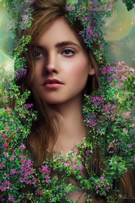 Image similar to elaborately ultradetailed close up portrait of an extremely beautiful girl surrounded by beautiful vines, flowers, a mist and ethereal rainbow bubbles, digital art painting, concept art, poster art, smooth, sharp focus, Aetherpunk, atmospheric lightning, highly detailed illustration highlights, Exquisite 8K detail post-processing, award winning picture, sense of awe, featured on DeviantArt