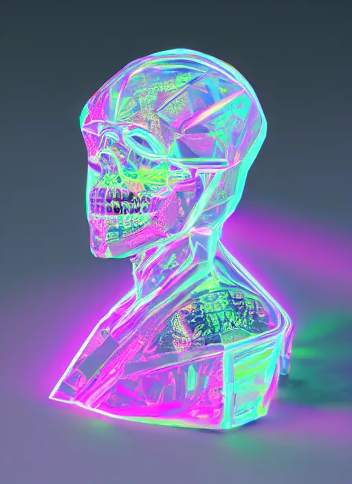 Image similar to photo of fullbodied baroque and bladerunner delicate neon diamond sculpture of seductive onyx albino marble prince kai harvatz dotado pink iridescent skull psychedelic, reclining, glowing magenta face, crown of white diamonds, cinematic lighting, photorealistic, octane render 8 k depth of field 3 d