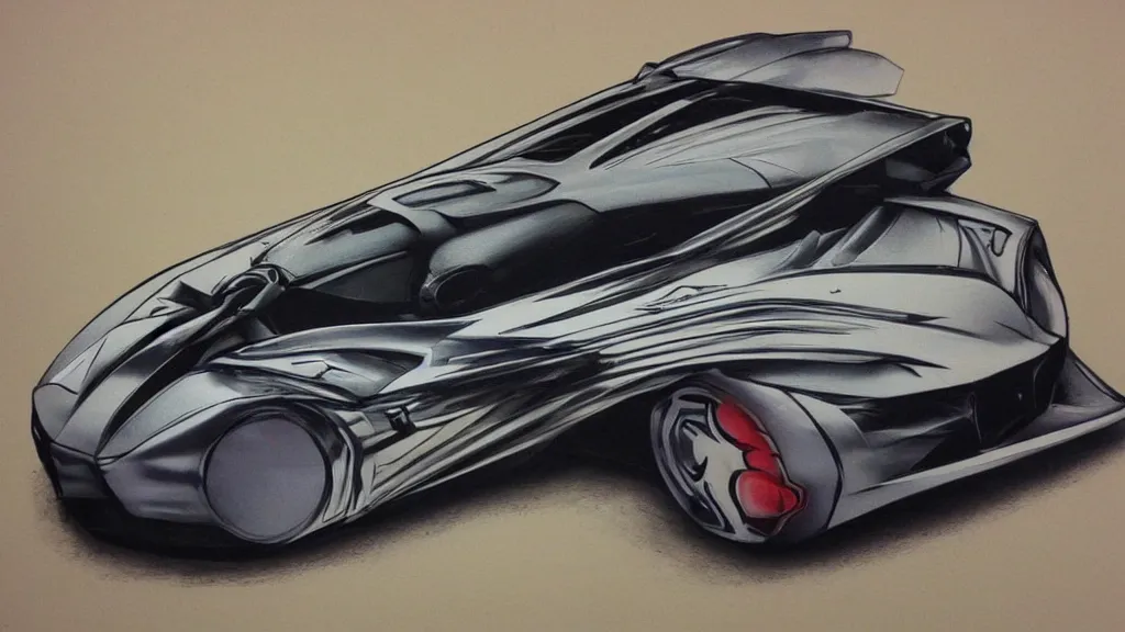 Image similar to modern, automotive design rendering, airbrush, markers, concept car, futuristic, aggressive styling, on ancient paper