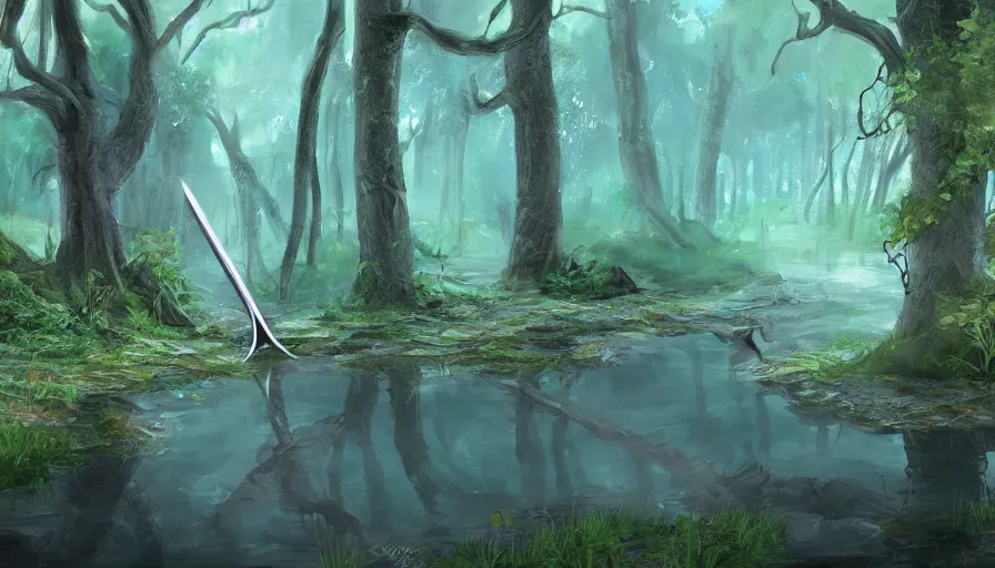 Image similar to sword stuck in a pond island, rainy enchanted forest of the ancients, moody high exposure, digital painting, concept art, photoshop speedpaint