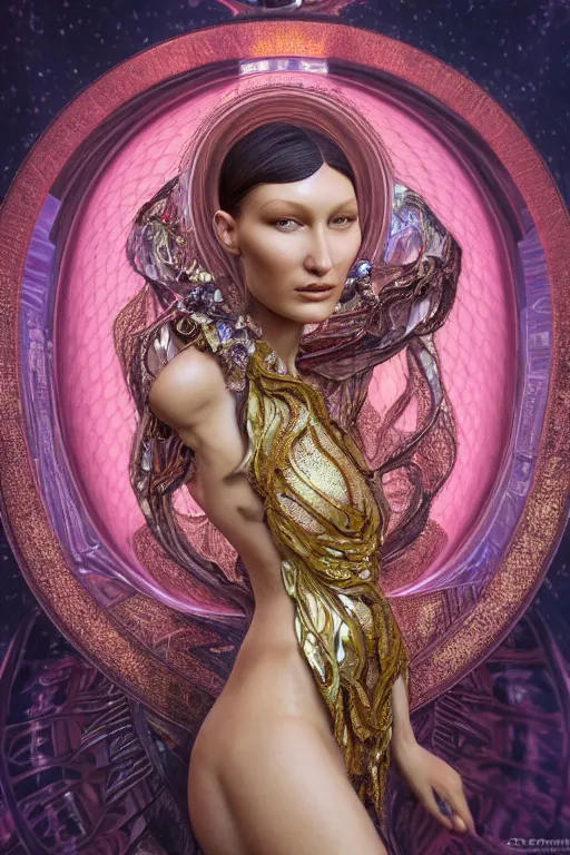 Prompt: a highly detailed portrait of a beautiful alien woman goddess bella hadid in iris van herpen dress in diamonds and fractals in style of alphonse mucha art nuvo gustav klimt dmt trending on artstation made in unreal engine 4