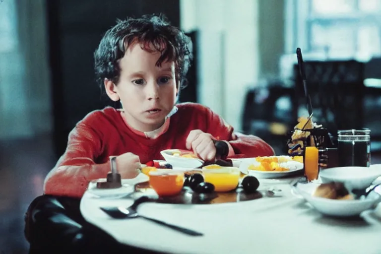 Image similar to portrait of Batman eating breakfast By Emmanuel Lubezki