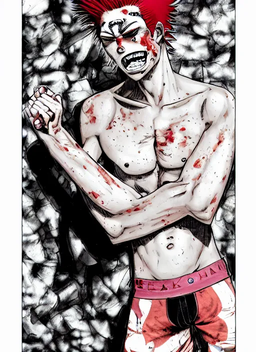 Image similar to a young man of 2 5 years old, with a bruised face and bruises, is standing in a doorway in a boxer's stance, casual clothing style, by james jean art, by boichi manga style, hairstyle red mohawk, cold colors, comics style, angry 8 k