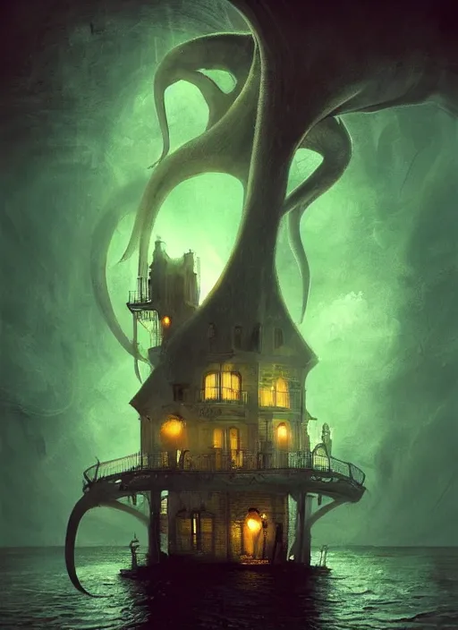 Image similar to giant squid destroying a glowing mansion in burning vapor dramatic lighting, artstation, matte painting, alexander jansson, allen williams, anja millen