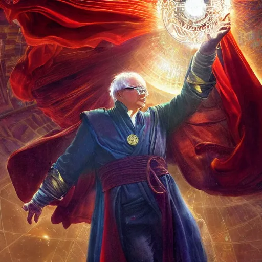 Image similar to bernie sanders as doctor strange, radiant light, caustics, heroic, bright iridescent light, by gaston bussiere, bayard wu, greg rutkowski, maxim verehin