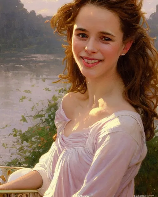 Image similar to a portrait painting of rachel lane / sabrina lloyd / perdita weeks / rachel mcadams / nicole de boer hybrid oil painting, gentle expression, smiling, elegant clothing, scenic background, extremely detailed and lifelike, artgerm, greg rutkowski, alphonse mucha, vladimir volegov, adolphe bouguereaum, jason edmiston