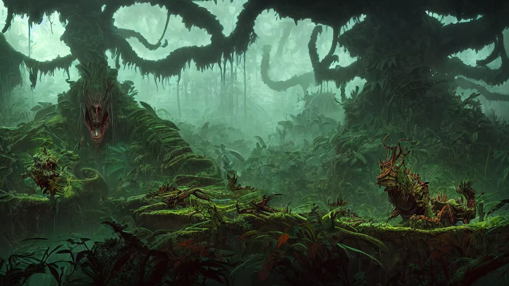 Image similar to a photograph of a decomposing thanatosdrakon in an dark scary jungle, hyper - detailed andreas rocha and anton fadeev