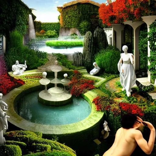 Prompt: hyperrealism photography computer simulation visualisation of parallel universe detailed bath in the detailed garden in dramatic scene from art house futuristic movie by caravaggio and alejandro jodorowsky