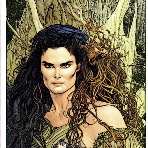 Prompt: a realistic, very beautiful and atmospheric portrait of brooke shields as a druidic warrior wizard looking at the camera with an intelligent gaze by rebecca guay, michael kaluta, charles vess and jean moebius giraud