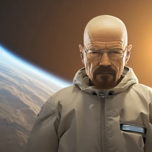 Prompt: 3 d render of walter white in space with nothing but shorts, 4 k image, space themed