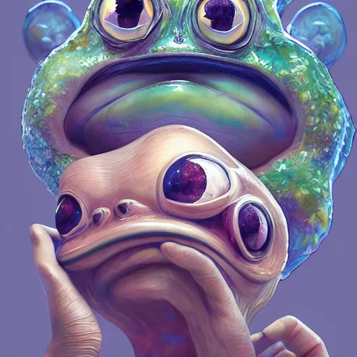 Image similar to plasticine wet shiny angles, crystal, moonlit, mirrors, camera angled dramatically, realistic hyperdetailed design of pepe the frog meme, ferocious, chinese mythology, victo nga, fumo yoshitoshi, ren jing jeong, feifei ruan, peter mohrbacher, takato yamamoto