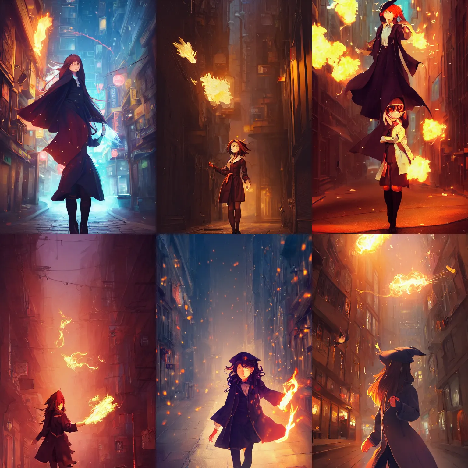 Prompt: a portrait of a cute female wizard wearing a flowing very stylish trenchcoat,juggling fireballs, fireball lighting her face, embers flying, urban fantasy setting, narrow street, vivid colors, warm lighting, atmospheric, cinematic, moody, in the style of Ilya Kuvshinov and Range Murata, Krenz Cushart, rule of thirds, oil on canvas, 8k