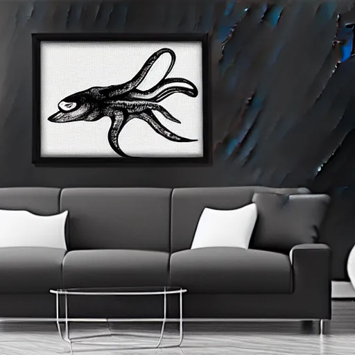 Image similar to very angry squid, 🦑 design in square frame, black and white, mad cuttlefish, cute decapodiformes