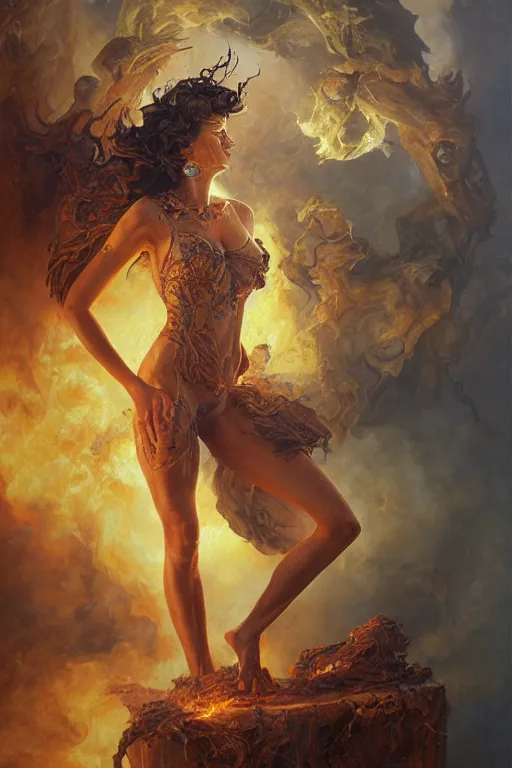 Image similar to a smiling claudia black melting into smoke highly detailed, james gurney, alan lee, michael cheval, peter mohrbacher, boris vallejo, jessica rossier, oil painting