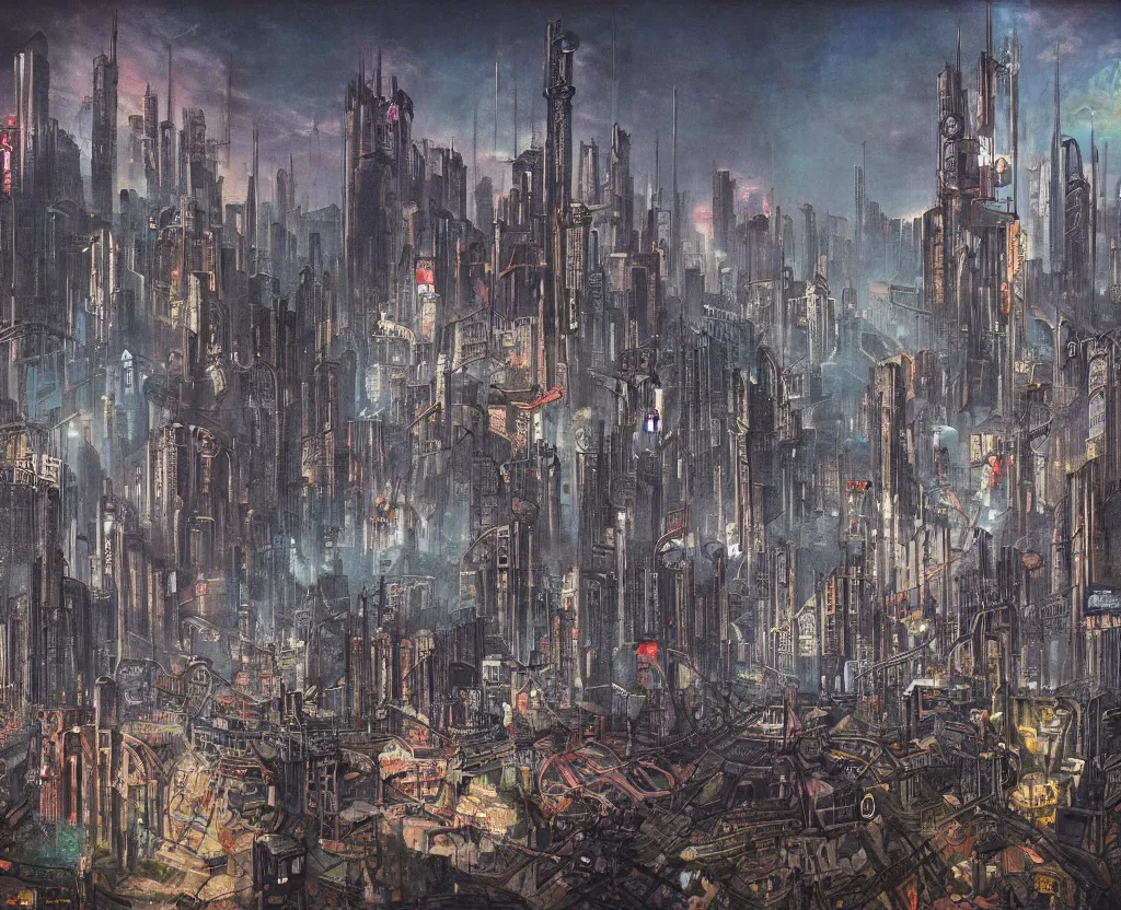 Image similar to a Dystopian gothic surrealism painting of a cyberpunk megalopolis