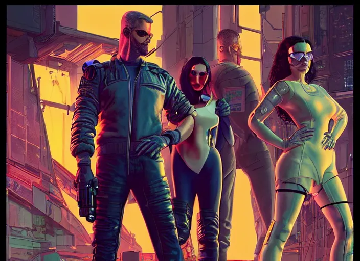 Image similar to cyberpunk heist crew. portrait by stonehouse and mœbius and will eisner and gil elvgren and pixar. character design. realistic proportions. cyberpunk 2 0 7 7 character art, blade runner 2 0 4 9 concept art. cel shading. attractive face. thick lines. the team. diverse characters. artstationhq.