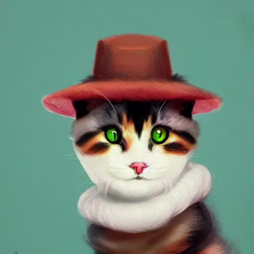 Prompt: a cute calico cat in a hat, artstation, cgsociety, storybook art