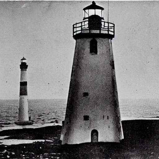 Image similar to worshippers dressed in robes belonging to the cult of the lighthouse. Dilapidated 1800s lighthouse. Unnaturally tall lighthouse. Beacons of light. 1800s photo.