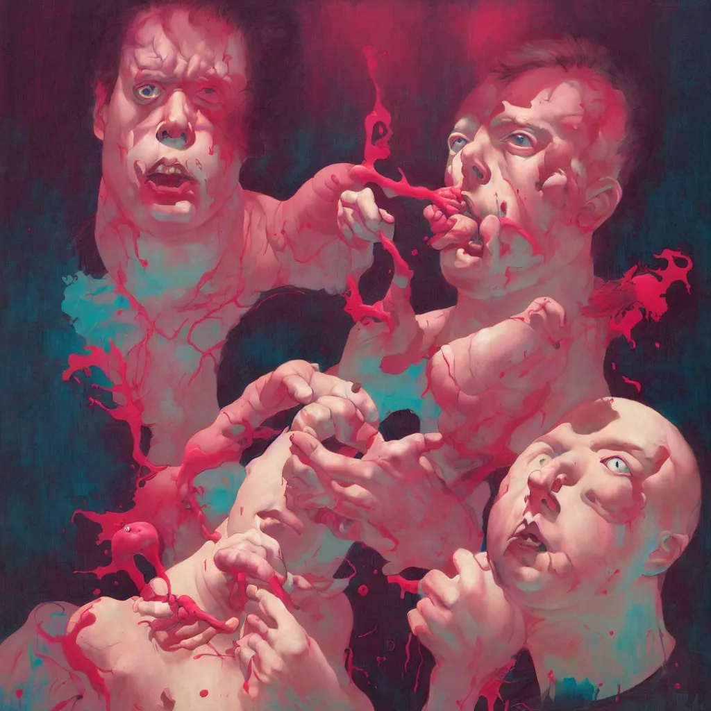 Image similar to weird and disturbing portrait of todd solondz puking blood, todd solondz, vivid colors, neon, art by ( ( ( kuvshinov ilya ) ) ) and wayne barlowe and francis bacon and artgerm and wlop and william - adolphe bouguereau