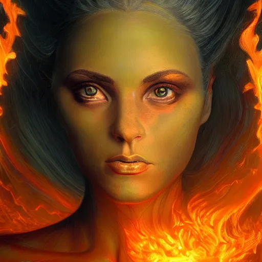 Image similar to A stunning portrait of a goddess, her body made of flames, by Jim Burns, 8K UHD, fantasy, Trending on artstation.