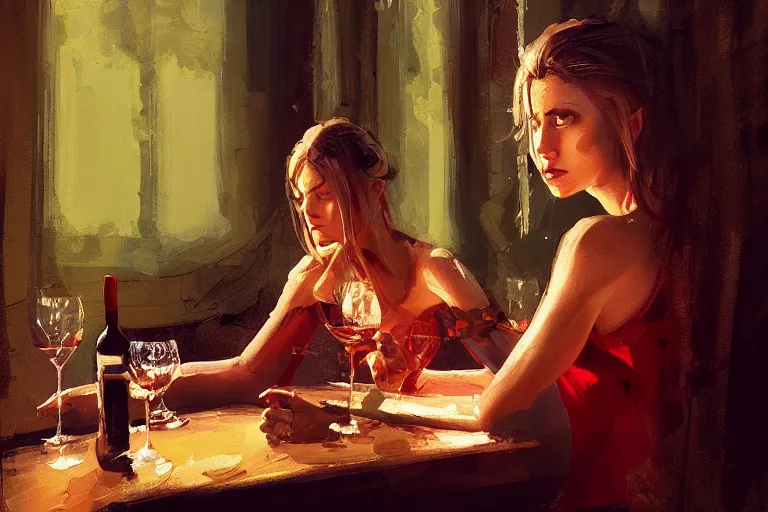 Prompt: A painting of a sympathic sorceress sitting at a table having a glas of red wine in a bar late at night by Greg Rutowski, Craig Mullins, ambient lighting, trending on artstation, intricate, elegant, highly detailed, digital painting, artstation, concept art