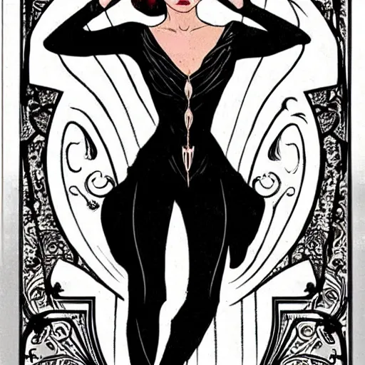 Prompt: powerful seductive female halfling necromancer, audrey hepburn, art nouveau