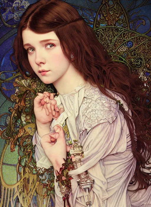Prompt: realistic detailed painting of a 1 6 - year old girl who resembles millie bobby brown and saoirse ronan, parted lips, glowing, blushing, as an angel wearing intricate, detailed full - plate art nouveau style armor, by alphonse mucha, ayami kojima amano, charlie bowater, karol bak, greg hildebrandt