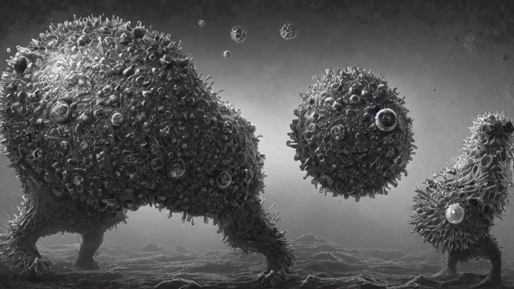 Image similar to a beautiful microscopic scientific photo of a coronavirus and a strange life form seen through an electron microscope, dark, sinister, detailed, art by Greg Rutkowski