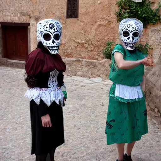 Prompt: women wearing la muerte mask and sardinian traditional female dress