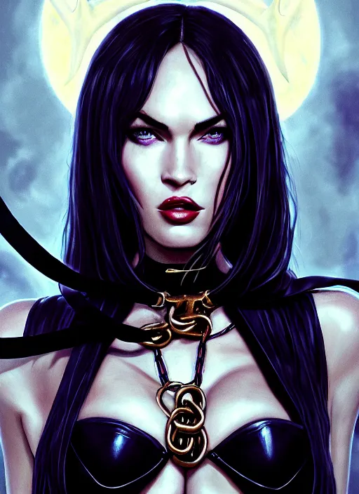 Image similar to portrait of megan fox as a evil demon with hornes, collar and leash, batwings, hell, jewelry, greek, dark, intricate, headshot, key visual, conceptart, ambient lighting, highly detailed, digital painting, artstation, concept art, sharp focus, by makoto shinkai and akihiko yoshida and greg manchess