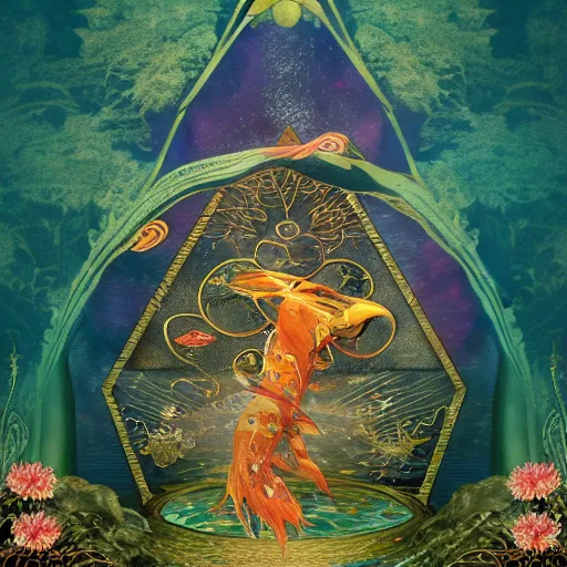 Prompt: tarot card, intricate koi fish pond various angles by ross tran, trees, rocks, water, golden ratio, koi scales, vivid colors, trending on ArtStation, cgsociety gustav klimt frame