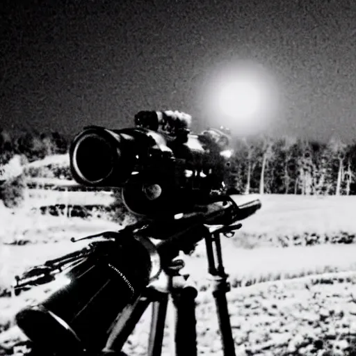 Image similar to black and white trail cam footage at night of queen elizabeth with a bazooka