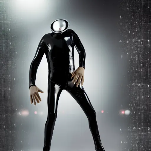 Image similar to a grey alien with large black eyes wearing tight black latex suit, standing next to a silver disk flying saucer, realistic picture, 8 k