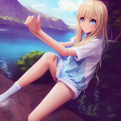 Image similar to a very beautiful anime girl, full body, long wavy blond hair, sky blue eyes, full round face, short smile, cute top, short jeans, summer lake setting, cinematic lightning, medium shot, mid-shot, highly detailed, trending on Artstation, Unreal Engine 4k, cinematic wallpaper by Stanley Artgerm Lau, WLOP, Rossdraws, James Jean, Andrei Riabovitchev, Marc Simonetti, and Sakimichan